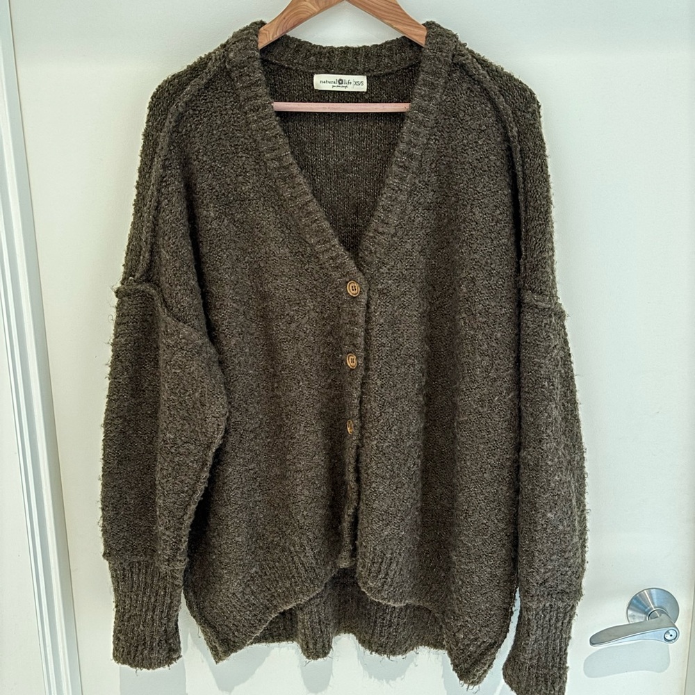 EUC NATURAL LIFE Like-A-Hug boucle cardigan sweater, brown, XS/S